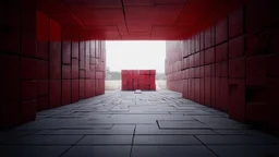 Surreal Art of Surreal and brutalist architecture inhated. Red and Black,Theme post-industrial,Subject dissonant pillars,Color Palette ashen gray,Composition geometric chaos,Imaginary World underground sprawl,Surreal Elements levitating blocks,Perspective aerial cube view,Mood architectural awe,Symbolism form over life