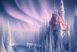  white pink and gold crystal castle in the sky，waterfall, winter snow flakessnow, northern Lights, full of details, smooth, bright sunshine，soft light pink atmosphere,pink sky, light effect，vaporwave colorful, concept art, smooth, extremely sharp detail, finely tuned detail, ultra high definition, 8 k, unreal engine 5, ultra sharp focus