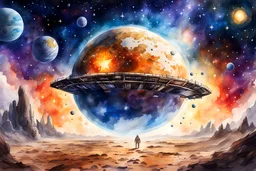 masterpiece, 4k quality, watercolored illustration, mega structure, hand-drawn stars, planet surface painting, space-based solar power