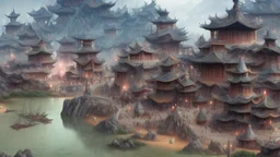 ancient, fantasy, chinese town, dune, crater, sand strom, destroyed chinese houses