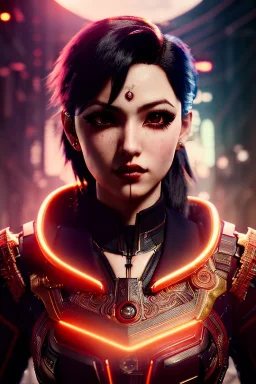 Smirking anime vampire, waist up portrait, 8k resolution, intricate details, ornate details, soft lighting, vibrant colors, retroanime, masterpiece, intricate eyeliner, dark eyeshadow, eyes, intricate tattoos, futuristic cityscape background