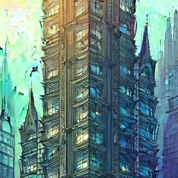 Architecture project A neogothic mixed with glass Skyscraper+detailed facades+highly detailed++ Book illustration by Gediminas Pranckevičius, Jean Baptiste Monge, Brian Kesinger, Anton fadeev, strong lines, high contrast vibrant colors, 16k resolution, trending on behance""