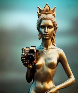 Statue of Queen of photography holding camera in hands. Cute blonde woman. Photographer in golden crown. Standing on the street. Big camera in her hand. hyperdetailed, photorealistic, trending on artstation, greg rutkowski, beksinski, kodachrome, volumetric lighting, gold and cyan