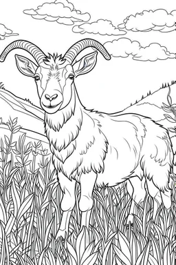 coloring page, goat in meadow, cartoon style, thick lines, low detail, no shading