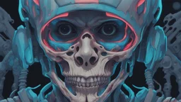 a close up of a person with a skull on their head, blue and black colors, anime skull portrait man, scary detailed art in color, hiroyuki-mitsume takahashi, nychos art aesthetic, half man half skeleton, anime cyberpunk art, colored manga art, rossdraws pastel vibrant, hot colors. insanely detailed, beautiful anime portrait, stunning anime face portrait, scary art in color