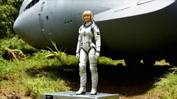 A photorealistic image of an adventurous, slender, 50-year-old woman from the future, dressed in a fitted, full-body spacesuit, stands proudly beside her huge, wide, sleek, wingless cargo starship. Her uncombed, blond hair has bangs. She is standing on a metal box in a jungle clearing.