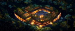 top view a open top huge library in forest with mystic fireflies and orange mystic lights around trees that have wide leaves and broad trunked at night.