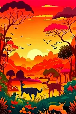 vista de la selva asiatica con un bosque colorido, los animales se ven entre los matorrales, fauna amplia y un atardecer brillante