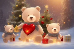 cute teddy bears holding hearts covered in sparkling gold glitter, beautiful winter composition, snowflakes, pine branches, Christmas ornaments and glowing Christmas lights