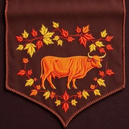 an autumn colored textured cloth embroidered ornamental leaves and cattle, pointed bottom, on dark background, canadian western style