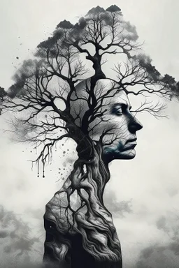 Cover Art. Dark. Ink Water color tree Portrait Dry and cracked skin dry tree double exposure. minimal. Rock music cover Art, . Surreal Art.