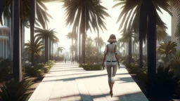 a woman walking down a walkway next to palm trees, a digital rendering by Cedric Seaut (Keos Masons), cg society contest winner, photorealism, vray tracing, vray, daz3d