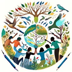 Generate an illustration of a diverse group of hands coming together in a circle, each hand holding a different art tool such as paintbrushes, pencils, and markers. Surround the hands with symbols of nature, like trees, birds, and mountains, representing the collective effort to protect the environment and promote creativity in a supportive community.