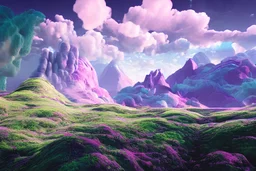 a psychedelic realm with rolling plains made out of clouds, mountains made out of icebergs, and plant life made out of cotton candy, in the style of wlop and namek, illustration, epic, fantasy, hyper detailed, smooth, unreal engine, sharp focus, ray tracing