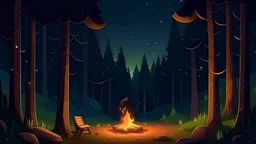 create a scene where there's a little and cozy campfire in the middle of the woods and it's midnight. we're under the starry sky and the scene feels lonely but peaceful.