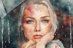 watercolor portrait of a woman, rain, flowers, umbrella, autumn, paint blots