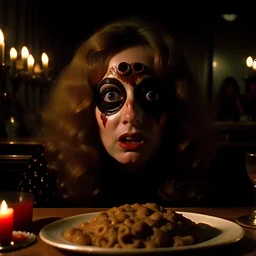 Spooky, ultra realistic distress, dining, ultra realistic hot woman, giant eye, organic hot bondes, dynamic, anguish, excited and lively scene, hypermaximalist figures, Creepy the Ring Alfred Hitchcock, Sam Raimi, insanely detailed, sinister, John Carpenter, Dario Argento, ornate