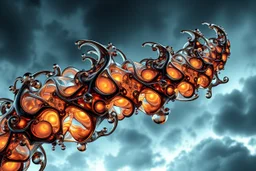Dynamic complex hypnotic fractal 3D structures with horizontal Symmetry twisting and morphing between organic and geometric forms , smooth translucent iridescent glass with inner glow and bubbles, varied transparent materials, stormy skies, intense dramatic