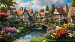 Scène de village miniature d'inspiration Art nouveau, avec des maisons confortables inspirées de l'architecture anglaise, avec une rue rustique bordée de fleurs, une chaleur semblable à celle de Thomas Kinkade émanant des fenêtres, un pont pittoresque surplombant un étang, flore accentuant le paysage, sous un ciel partiellement nuageux qui laisse présager une journée ensoleillée, des teintes reflétant les couleurs les couleurs les couleurs caractéristiques de la campagne anglaise.