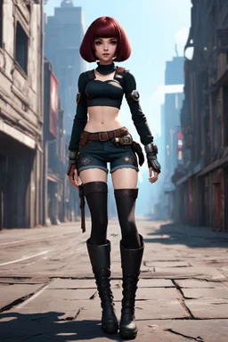 photorealistic full-height photo of a fantasy steampunk tall skinny goth girl in sci-fi shorts, crop top and boots, with dark red bob hairstyle with bangs in a sci-fi city