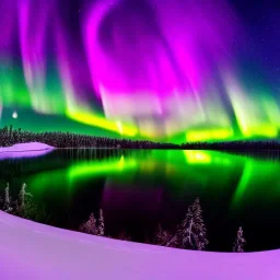 high-quality, fine-detail photography of beautiful, stunning, winter forest surrounding large reflective lake with vibrant, colorful northern lights filling sky, Norway, Iceland