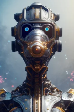 a beautiful full frame portrait digital painting of futuristic gaspunk robot, wide angle view, close-up, macro lens, centered camera, titanium accents, intricate details, small minutiae, tiny features, particulars, colorful, 8k, least ambient occlusion, volumetric lighting, volumetric clouds