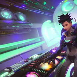 Generate ultra-high-resolution, photorealistic image of an overwatch character with the face of electronic music producer Phraktal, DJing. The nightclub should have amazing visuals and lighting similar to a Tomorrowland or Afterlife event. The image should have a level of complexity and detail similar to Gantz: 0.