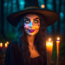 portrait of blessed young witch beauty, wild goblin birthday party on dead forest bridge background , motion blur, 8k, downlight, soft light, depth of field, photorealism, trending on art station, lotsa detail