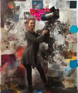 happy beautiful girl holding big proffesional camera in studio. street art, oil on canvas, spray paint, collage, letters, newspapeers, Dave McKean, Vladimir Fedotko, Saturno Butto, Vaughn Bodé, Frank Wu, James C. Christensen, collage, dirty, paint dripping, radiant