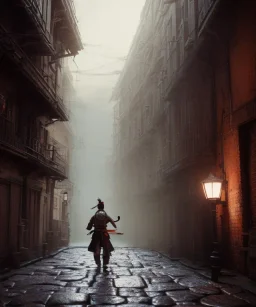 samurai, shadows, Brent Weeks, Night Angel, cobblestone street alley, highly detailed, hyper-detailed, beautifully color-coded, insane details, intricate details, beautifully color graded, Cinematic, Color Grading, Editorial Photography, Depth of Field, DOF, Tilt Blur, White Balance, 32k, Super-Resolution, Megapixel, ProPhoto RGB, VR, Halfrear Lighting, Backlight, non photorealistic rendering