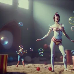 Ultra realistic circus scene. Classic acrobat woman, waist up view, Wes Anderson style, happy, bubbles, highly detailed, concept art, unreal engine 5, god rays, ray tracing, RTX, lumen lighting, ultra detail, volumetric lighting, 3d, finely drawn, high definition, high resolution.