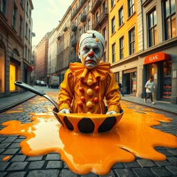 A wide-angle surreal digital artwork of a full-body sad clown standing in a frying pan brimming with glossy orange egg yolk. The yolk spills endlessly, spreading across an entire cobblestone street, reflecting warm golden light onto nearby buildings. The clown’s cracked eggshell head drips yolk over his solemn face as he gazes upward. His oversized, colorful costume absorbs the yolk, adding texture to the vibrant, hyper-realistic urban scene. --v 6.1 --style raw --ar 16:9