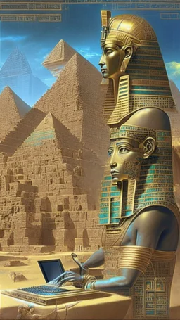 In a fascinating convergence writing, and powerful pharaohs, would have evolved in a world shaped by technological advancements. Portray of ancient history and modern technology, visualize and describe the Egyptian civilization in the age of advanced technology. Imagine how this ancient civilization, known for its magnificent pyramids, hieroglyphic the seamless integration of the past and the present, exploring the transformation of Egypt's cultural, social, and architectural landscape. Depict