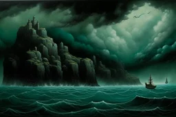 A blackish teal dark isles filled with gloom painted by Leonardo da Vinci