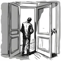 sketch, a man in middle of a door, worried, looking