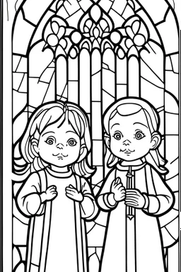 kids coloring page, stained glass church windows, cartoon style, thick lines, low detail, no shading