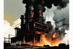 an abstract illustration of a raging blast furnace in a bleak steel mill town , finely drawn and inked, 4k, hyper detailed and vibrantly colored in the comic art style of Bill Sienkiewicz , Frank Miller, and Yoji Shinkawa