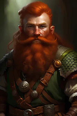 an male dwarf redhead ranger with big beard, dungeon and dragons, rpg