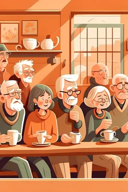 A group of elderly people drinking tea in an expressive school style