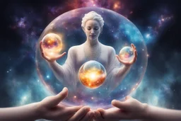 kundalini, connected to the universe, few colours of galaxy, holding galaxies in few hands in glass balls