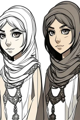 "Draw an Arabian girl in a comic anime style. She has an Arab complexion, short black hair, and wears traditional Arab clothing." Draw it in 2 different styles