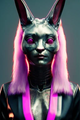 Medium Close Up Portrait, Front image. cyberpunk, rabbit mask, Japanese woman, pink long hair. latex, glossy suit. Pink, black, white, color. Mad max style. Color background, photo studio. Avatar image, highly detailed, concept art, smooth, unreal engine 5, god rays, ray tracing, RTX, lumen lighting, ultra detail, volumetric lighting, 3d, finely drawn, high definition, high resolution.