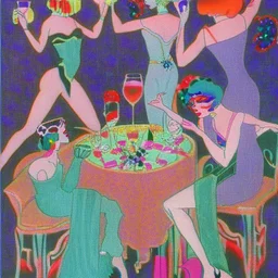 Flamboyant cocktail party by artist "André Lhote",Embossed Embroidery by artist "Osamu Tezuka"