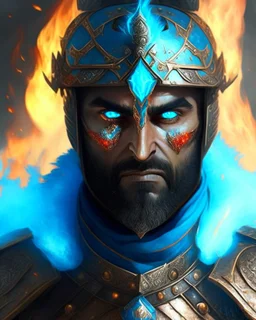 An iranian commander with flaming eyes with flaming light blue pupils with stubble An armor made of a mixture of steel and leather, worn by a strong commander with magical power stands atop a squire