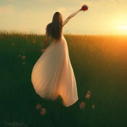 woman, blonde, flower field, sunset, back view, plain long light brown dress, windy, flower in hand