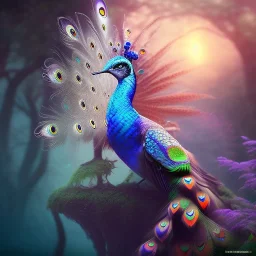 peacock, humming bird, fantasy art, Unreal Engine 5, lens macro,sharp focus, realistic, hyper detailed, studio lighting, neon light ambient