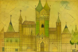A pale greenish yellow flashing palace with defensive shields painted by Paul Klee
