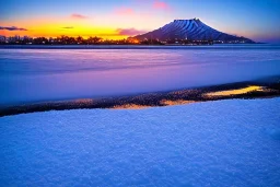 Honolulu Hawaii hotels covered in winter snow and ice at sunrise, winter wonderland