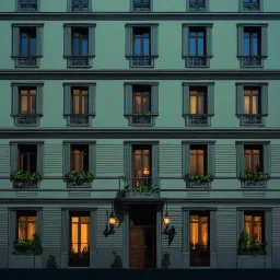 Animated representation of the mysterious facade of a European building. The scene begins before dawn with minimal lighting. The view is flat and frontal. Only 5 windows are illuminated. mysterious atmosphere, dark and muted colors. In the style of the Wes Anderson film The Grand Hotel in Budapest. Wes Anderson illustration style and colors poster