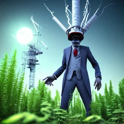 mad scientist with staring eyes standing on cell tower overgrown with plants